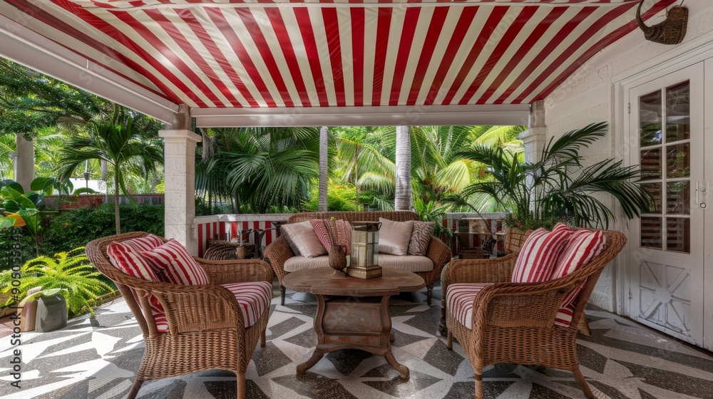 Obraz premium Tropical Patio with Red and White Striped Awning and Wicker Furniture Surrounded by Palm Trees