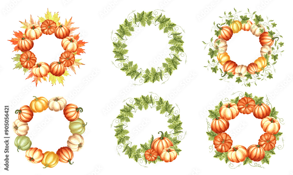 Pumpkins with leaves and tendrils frames. Set of hand drawn watercolor isolated illustrations. Fall collection. Autumn Thanksgiving traditional vegetables Clip art for sticker, postcard, Halloween. Pumpkins with leaves and tendrils frames. Set of hand drawn watercolor isolated illustrations. Fall collection. Autumn Thanksgiving traditional vegetables Clip art for sticker, postcard, Halloween.