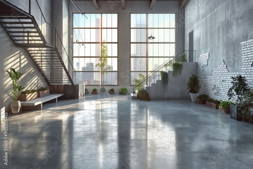 Large empty loft interior with concrete floor  industrial staircase  white brick wall  big windows  plants  minimal furniture  sunny day.
