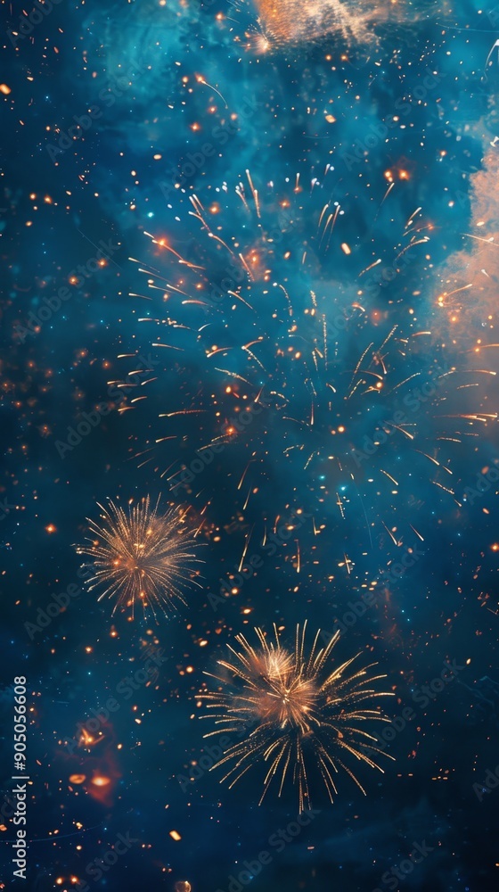 Fototapeta premium Spectacular 2025 New Year's Eve Celebration Panorama: Dazzling Fireworks Illuminating Deep Blue Night Sky. Creative Pattern for Festive Marketing and 4K High-Definition Wallpaper Background Showcasin
