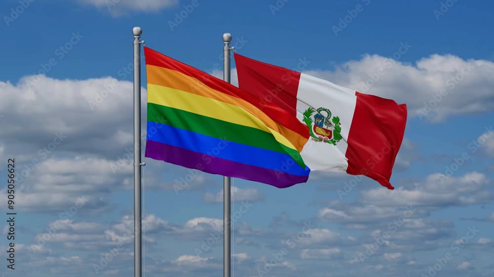 Peru and LGBT movement flags flying together, video concept of the relationship, two country cooperation concept Peru and LGBT movement flags flying together, video concept of the relationship, two country cooperation concept