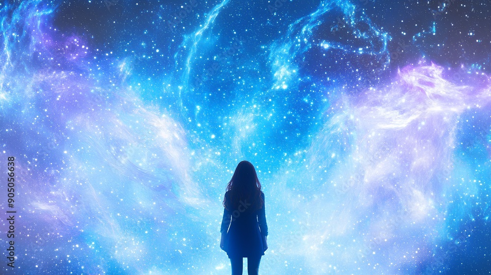 Fototapeta premium a silhouette of a person standing and looking up at a vast, colorful cosmic scene. The background is filled with vibrant blues, purples, and whites, resembling a nebula or galaxy with swirling clouds 
