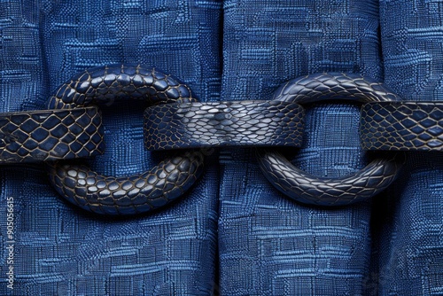 Textured denim fabric reinforced with chain, symbolizing strength and durability in fashion materials. photo