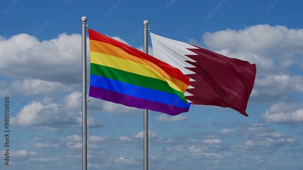 Qatar and LGBT movement flags flying together, video concept of the relationship, two country cooperation concept Qatar and LGBT movement flags flying together, video concept of the relationship, two country cooperation concept