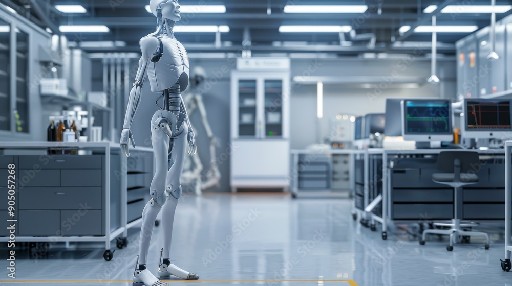 Fototapeta premium Futuristic Android in Advanced Laboratory Setting with State-of-the-Art Technology