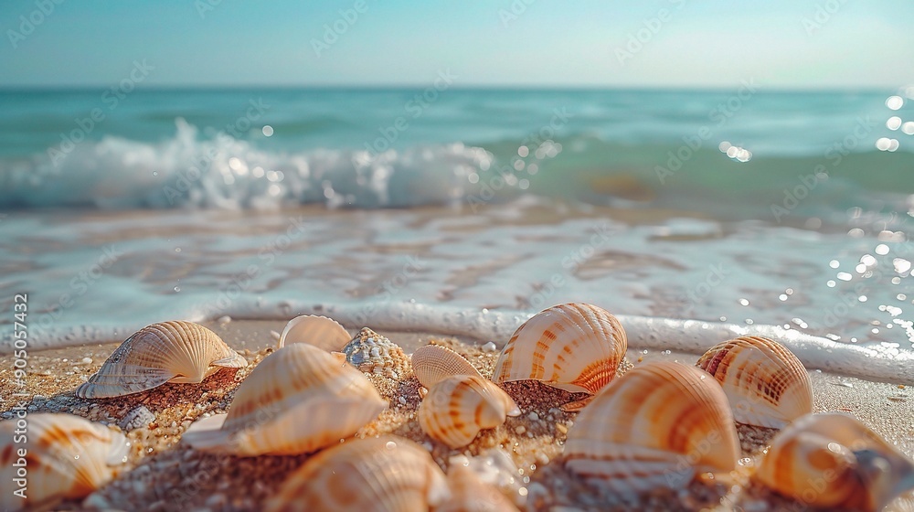 Seashells on the Shoreline: A tranquil seascape with a shallow depth of field, focusing on a cluster of seashells nestled in the soft sand at the edge of the lapping waves. The vibrant blue sky and sp Seashells on the Shoreline: A tranquil seascape with a shallow depth of field, focusing on a cluster of seashells nestled in the soft sand at the edge of the lapping waves. The vibrant blue sky and sp