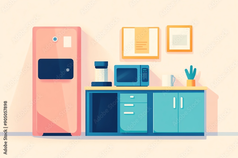 Illustration of a tidy office kitchen area with a coffee machine, microwave, and refrigerator, office equipment, practical and welcoming Illustration of a tidy office kitchen area with a coffee machine, microwave, and refrigerator, office equipment, practical and welcoming