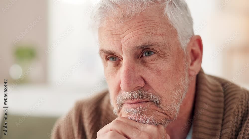 Thinking, mature man and depressed in living room, house and disappointed with healing in rehabilitation. Nursing home, patient and person in retirement, unhappy and thoughtful in lounge and memories Thinking, mature man and depressed in living room, house and disappointed with healing in rehabilitation. Nursing home, patient and person in retirement, unhappy and thoughtful in lounge and memories
