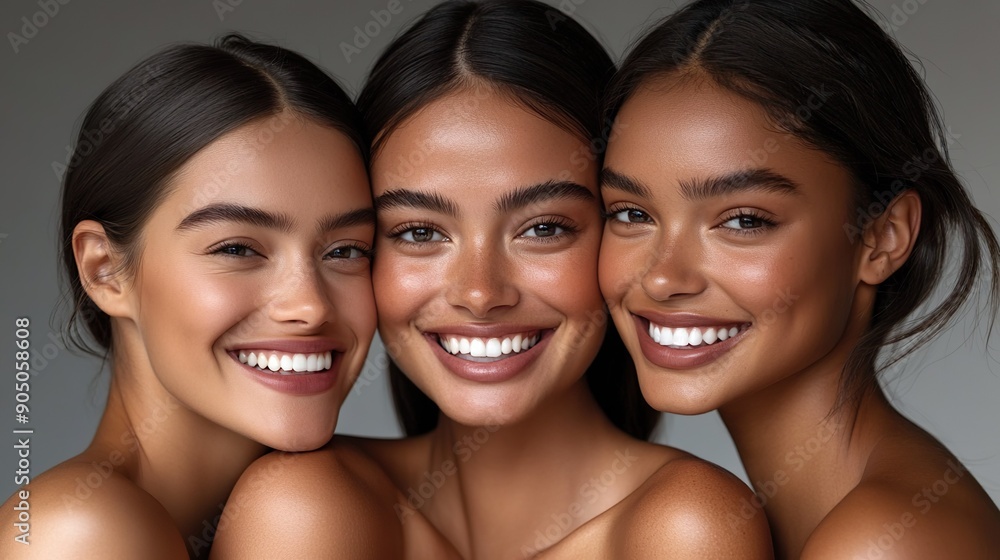 Beautiful Women with Different Skin Tones Smiling in Close-Up Studio Portrait Beautiful Women with Different Skin Tones Smiling in Close-Up Studio Portrait