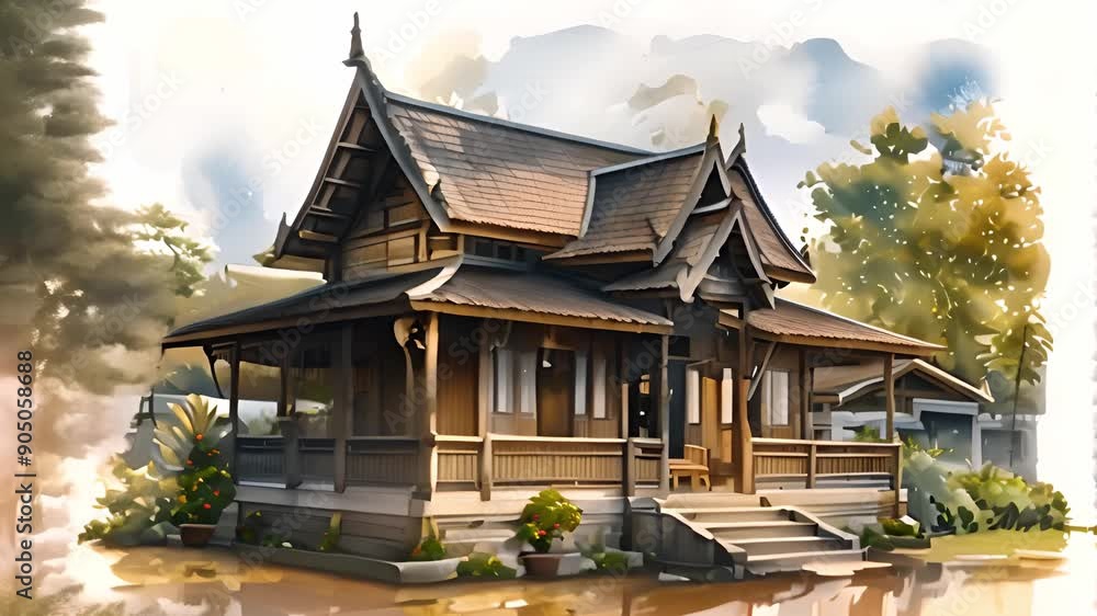 Watercolor painting of a Thai style wooden house in a garden. Watercolor painting of a Thai style wooden house in a garden.