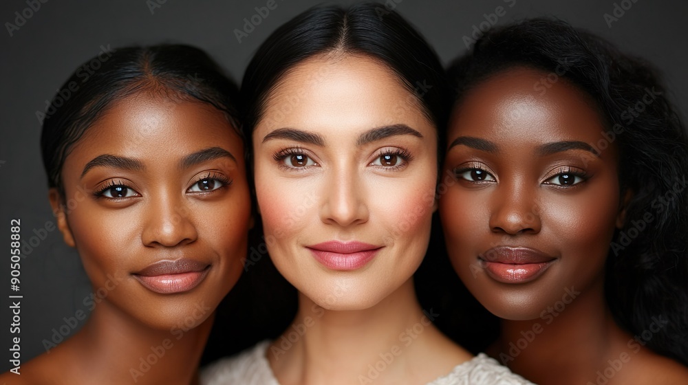 Three Smiling Women with Radiant Skin in Close-Up Studio Portrait Three Smiling Women with Radiant Skin in Close-Up Studio Portrait