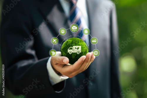 Green logistic or Sustainable transport concept. Businessman holding a globe with icon Global transport logistics travel with clean energy, eco friendly process to Net zero carbon emission photo