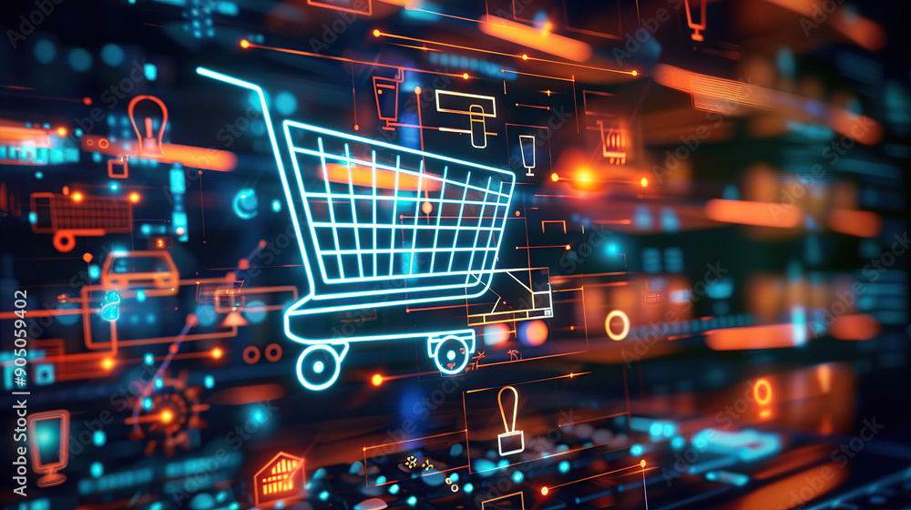 Digital illustration of an online shopping cart surrounded glowing digital icons and network connections Digital illustration of an online shopping cart surrounded glowing digital icons and network connections
