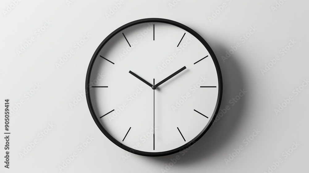 A simple round clock with black hands and a black frame on a white wall. A simple round clock with black hands and a black frame on a white wall.