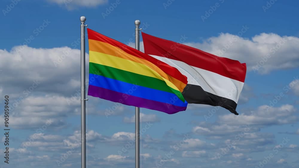 Yemen and LGBT movement flags flying together, video concept of the relationship, two country cooperation concept Yemen and LGBT movement flags flying together, video concept of the relationship, two country cooperation concept