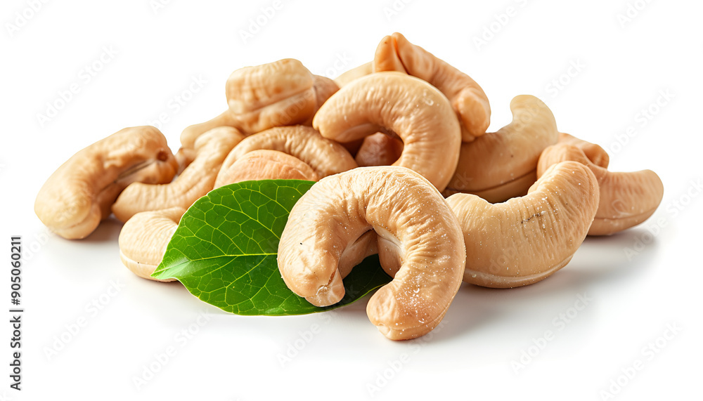 Roasted Cashew nuts with leaf isolated on white background with clipping path and full depth of field Roasted Cashew nuts with leaf isolated on white background with clipping path and full depth of field
