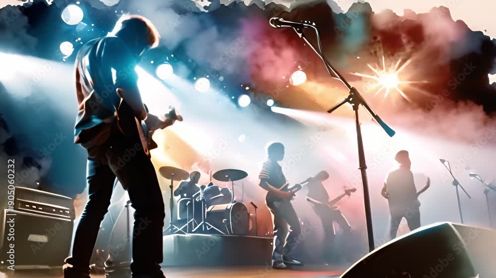 The image features a guitarist in action at a concert, under vibrant stage lights, surrounded by bandmates. The image features a guitarist in action at a concert, under vibrant stage lights, surrounded by bandmates.