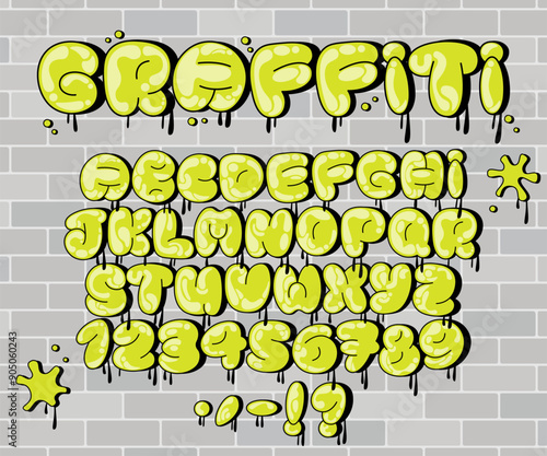 Graffiti Bubble Alphabet, Dripping Yellow green Paint Font with uppercase letters, numbers and punctuation. Shiny, dripping characters on brick wall. Perfect for street art, urban designs and logos.