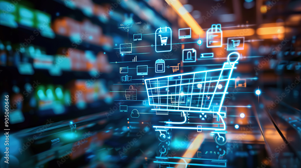 Digital illustration of an online shopping cart surrounded glowing digital icons and network connections Digital illustration of an online shopping cart surrounded glowing digital icons and network connections