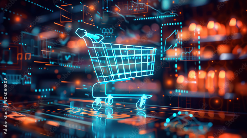 Digital illustration of an online shopping cart surrounded glowing digital icons and network connections Digital illustration of an online shopping cart surrounded glowing digital icons and network connections