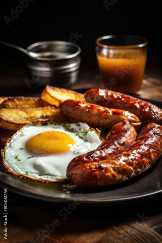 Roast sausage, fried egg and grilled potatoes, generated by artificial intelligence