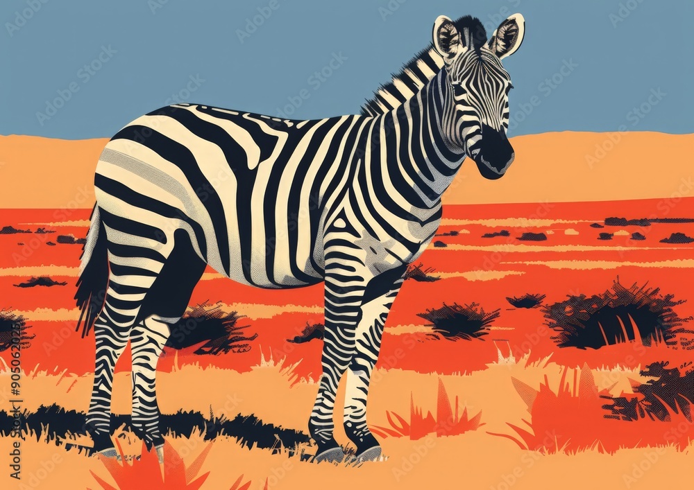 Fototapeta premium Polygonal illustration of a zebra standing in a savanna landscape