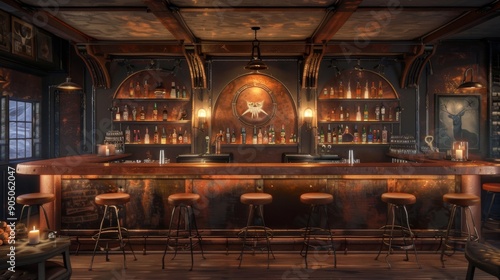 Industrial Steampunk Bar Interior with Rustic Design and Vintage Decor