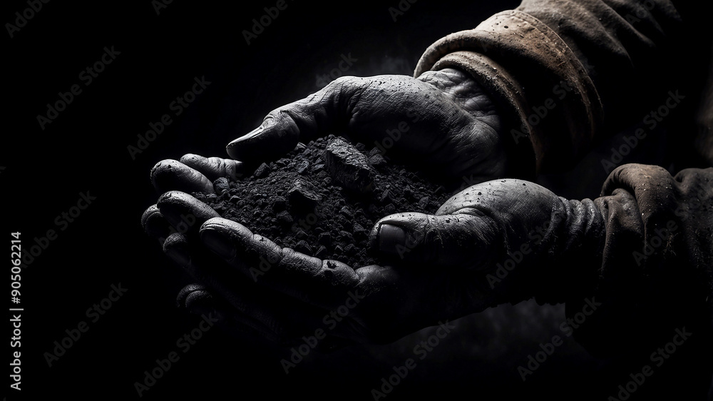 miner's hand holding a single piece of coal, with dirt and grime highlighting the hard work involved. The scene captures the raw miner's hand holding a single piece of coal, with dirt and grime highlighting the hard work involved. The scene captures the raw