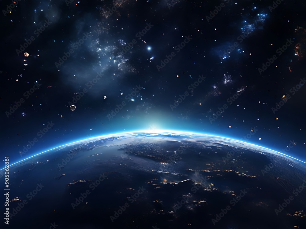 a planet with a blue sky and stars in the background a planet with a blue sky and stars in the background