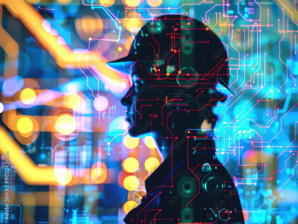 Electrical engineer, circuit plans, focus on, rich hues, Double exposure silhouette with wiring diagrams Electrical engineer, circuit plans, focus on, rich hues, Double exposure silhouette with wiring diagrams