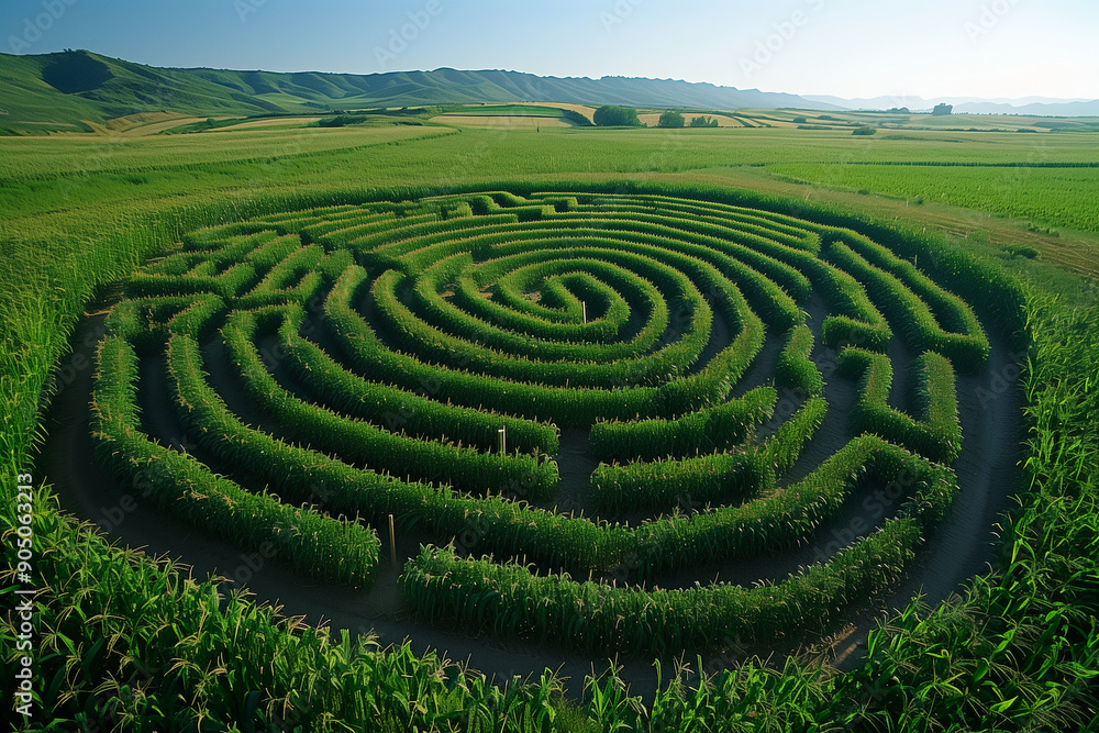 Aerial view of a corn maze in a field, labyrinth Aerial view of a corn maze in a field, labyrinth