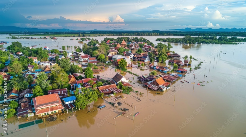 Aerial view of a village during a flood Aerial view of a village during a flood