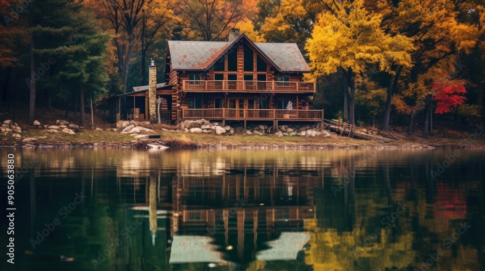 Cabin by the Lake in Autumn Cabin by the Lake in Autumn