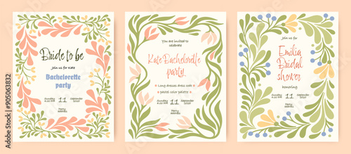 Vintage floral templates for Bachelorette party. Bridal shower invitations. Vector.