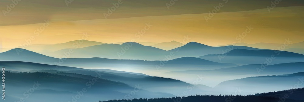 Fototapeta premium Mountain silhouettes and mist layers revealed by a glorious sunrise offering a tranquil and vast dawn vista