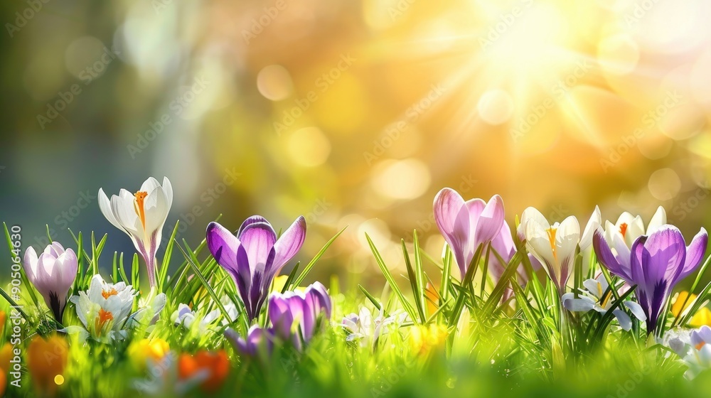 Fototapeta premium Bright sunlight illuminates fresh grass and lovely crocuses in spring