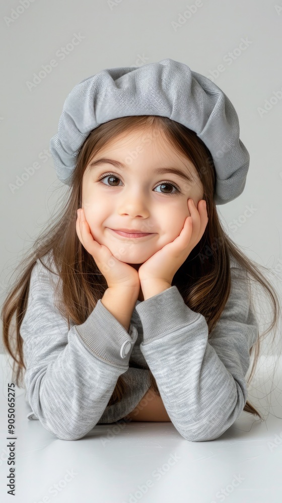 Cute Young Child With Grey Beret Smiling in Bright, Cozy Setting Cute Young Child With Grey Beret Smiling in Bright, Cozy Setting