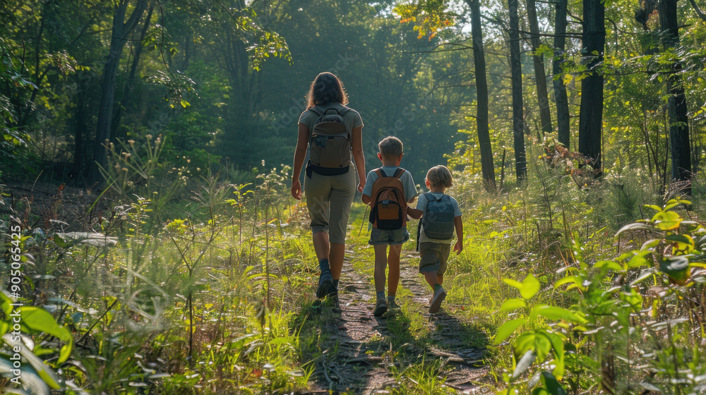 A mother and her two children hiking through a lush green forest on a sunny day. A mother and her two children hiking through a lush green forest on a sunny day.