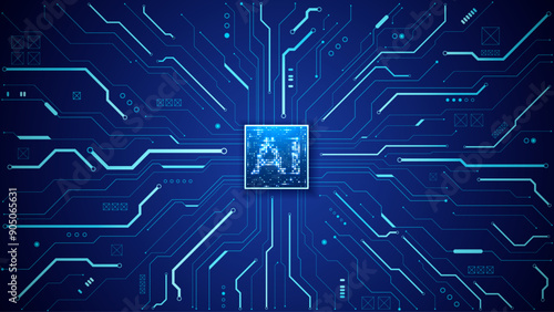 AI chip background. Processor on light blue tech circuit board. Technology bg. Artificial Intelligence concept. CPU semiconductor on glowing electronics motherboard. Vector illustration. AI background