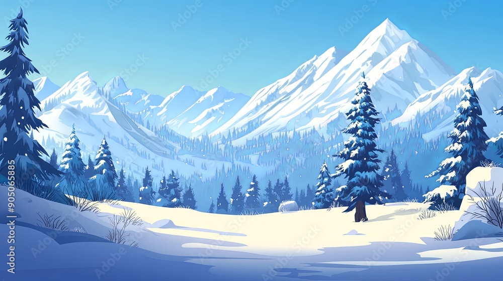 Fototapeta premium Serene Cartoon Winter Mountain Landscape