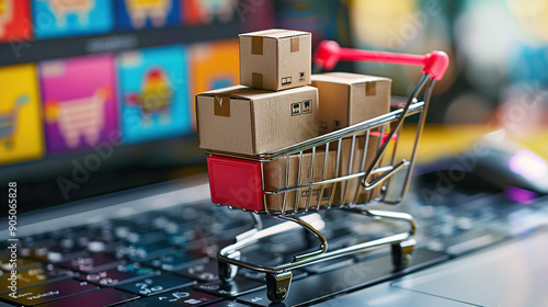 concept of online shopping with miniature cart and boxes on computer keyboard photo