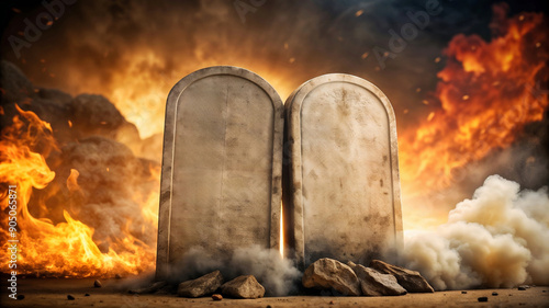 The Ten Commandments written by the finger of God on stone tablets with fire and smoke effects