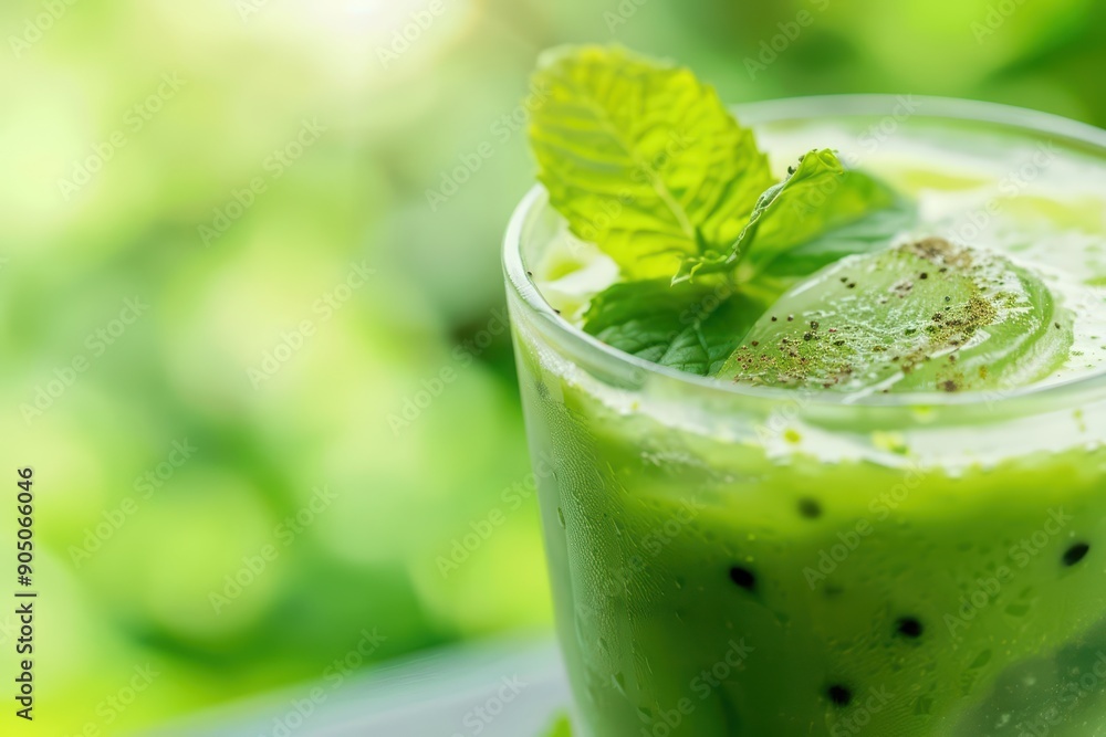 A refreshing glass of iced matcha, with sunlight filtering through the leaves, creating an explosion of vibrant green hues and a calming aura, matcha, banner, with copy space A refreshing glass of iced matcha, with sunlight filtering through the leaves, creating an explosion of vibrant green hues and a calming aura, matcha, banner, with copy space