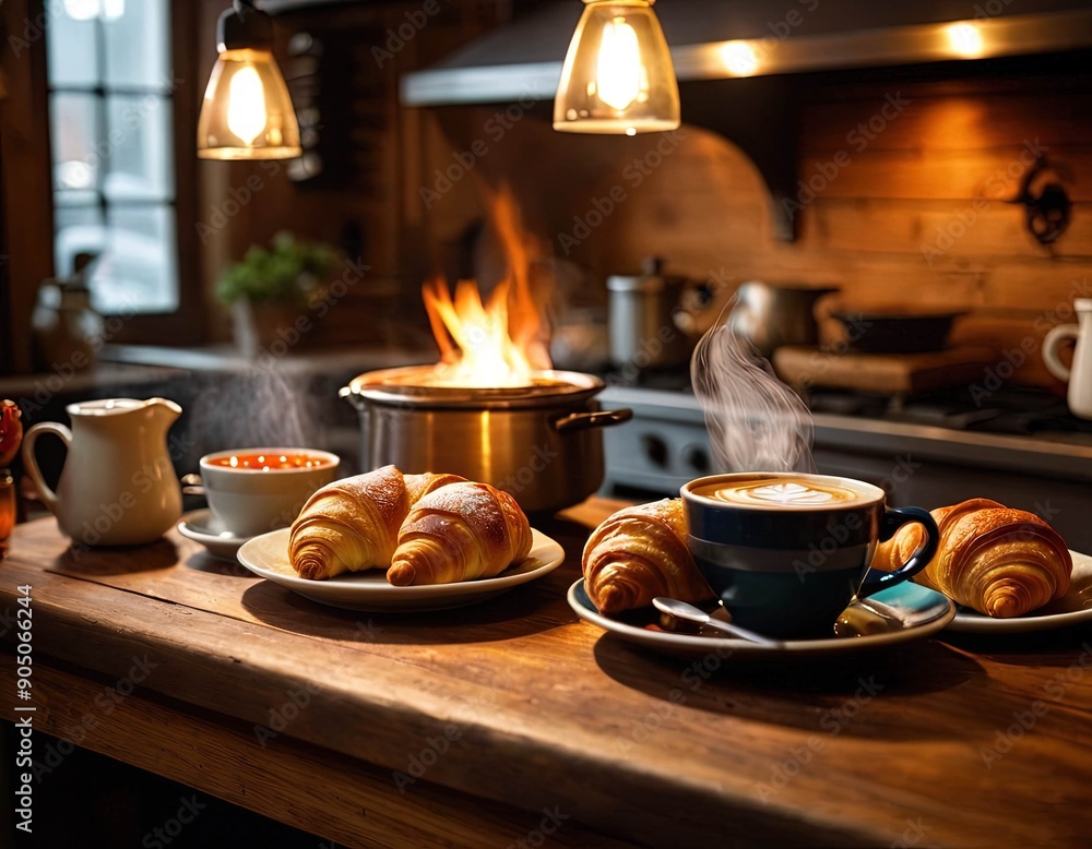 Obraz premium A table with a variety of food and drinks, including croissants, coffee