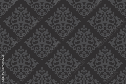 Vector black seamless illustration depicting an intricate ornate pattern in baroque style. Repeating floral motifs in beige on a maroon background. Elegant and sophisticated, evoking a sense of wealth