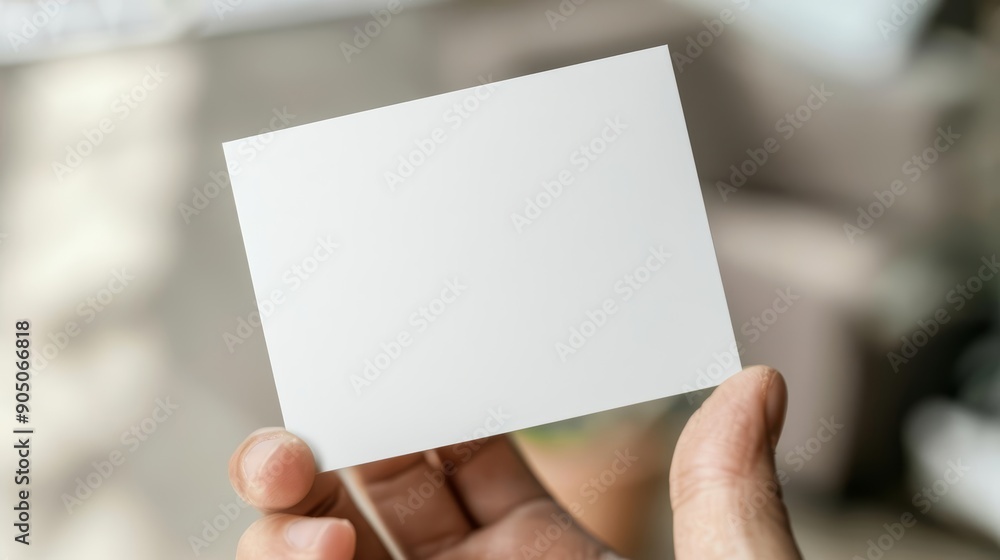 Blank white business card in hand, office environment, close-up, professional mockup Blank white business card in hand, office environment, close-up, professional mockup