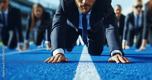 Business people in starting positions on the track, ready to start the race,	 photo