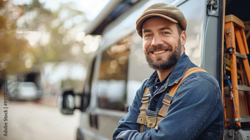 A cheerful handyman standing confidently in front of his work van, ready for a day's work. A cheerful handyman standing confidently in front of his work van, ready for a day's work.