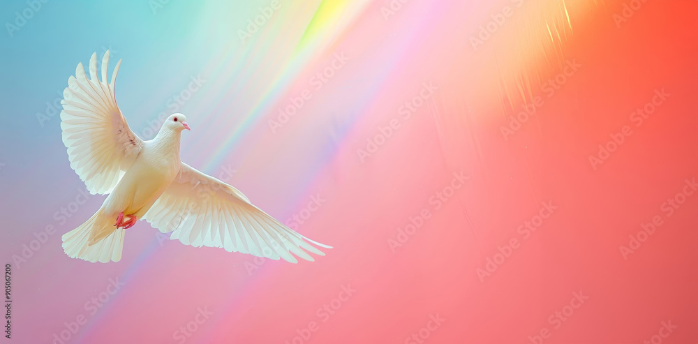 A white dove flying in the sky with a rainbow background and gradient colors, copy space A white dove flying in the sky with a rainbow background and gradient colors, copy space