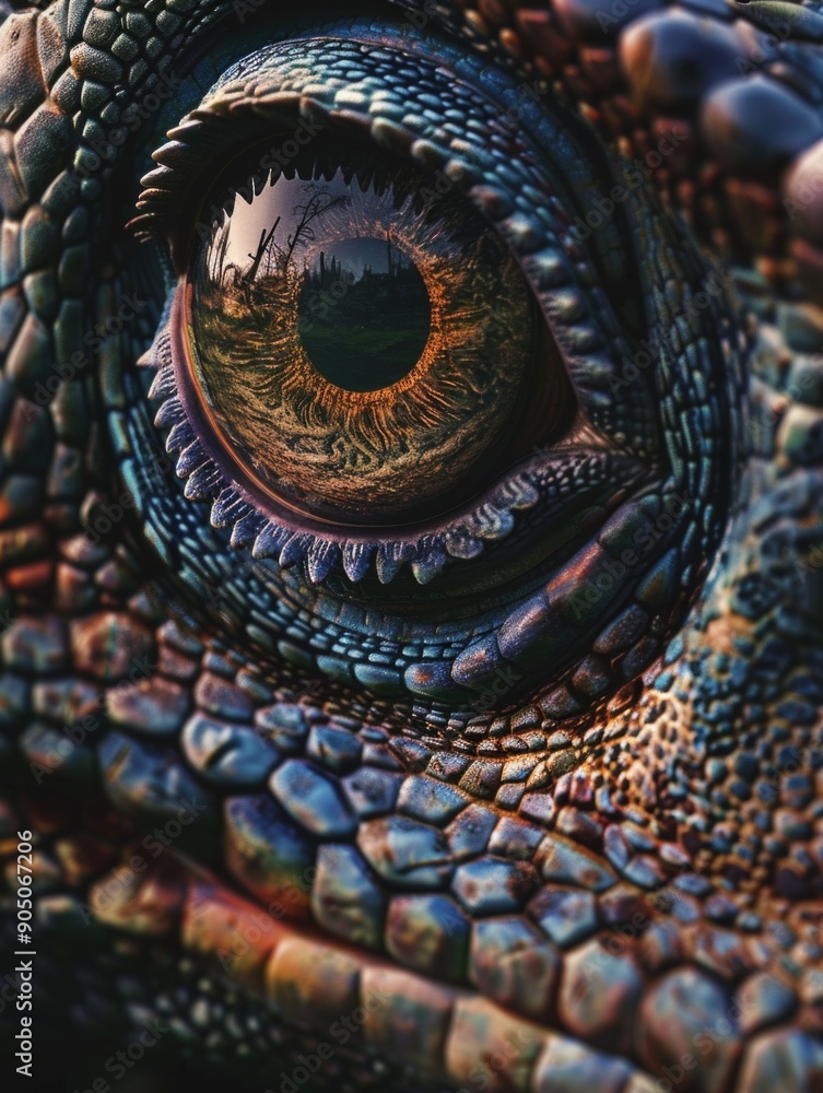 Fototapeta premium A detailed view of a lizard's eye with scales and pupils visible